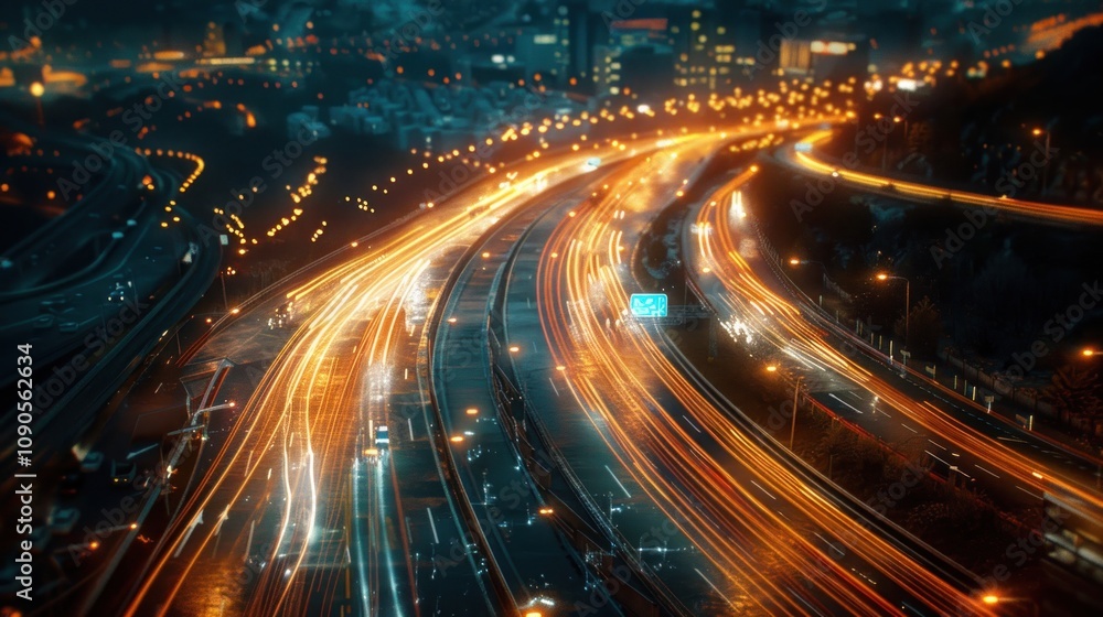 Obraz premium Night highway with light trails.