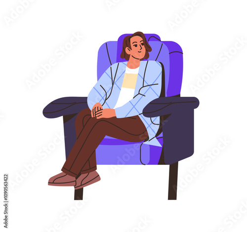 Happy person watches films in cinema alone. Character sits on chair and watching movie in theater front view. Spectator in seat enjoys show in theatre. Flat isolated vector illustration on white