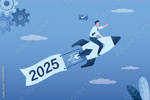Startup concept. Launch the business or new project in 2025. Targets and goals in 2025 year. opportunities and new ventures. Confident businessman ride flying rocket