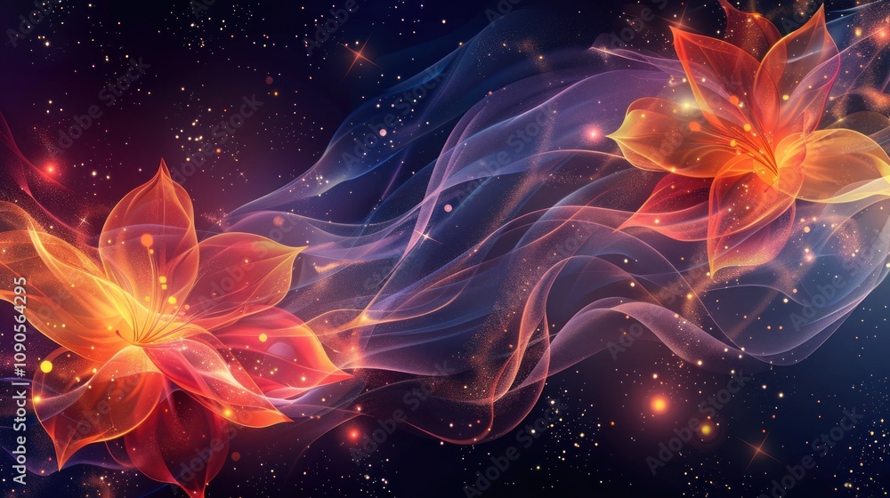 Obraz premium Two luminous flowers float in a cosmic smoke stream.