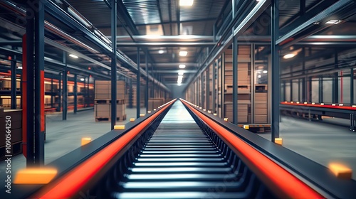 A perspective view of a modern warehouse with an illuminated conveyor belt system, emphasizing industrial design and technology. photo