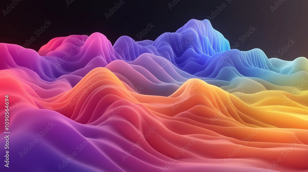 Obraz premium A vibrant abstract landscape of undulating, colorful waves in gradient hues of pink, orange, blue, and purple on a dark background, creating a dynamic and surreal effect.