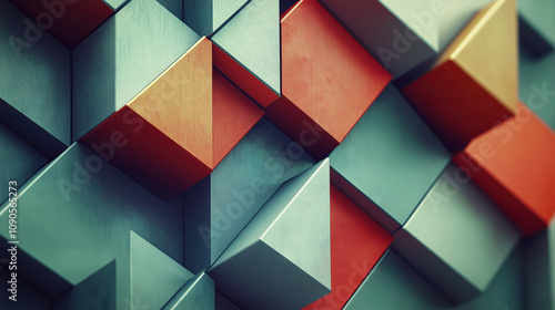 Abstract background with geometric shapes and cubes in red, orange, and green colors on a light blue metal surface. Modern wallpaper design for wall decoration