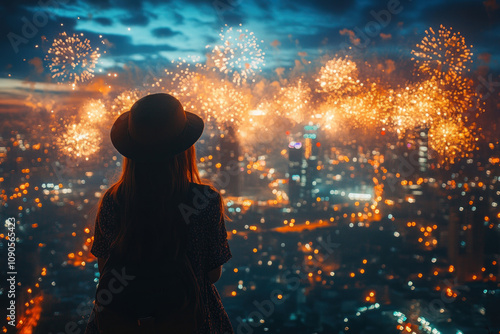 a girl looking at a city at night, over which bright fireworks are exploding.   photo