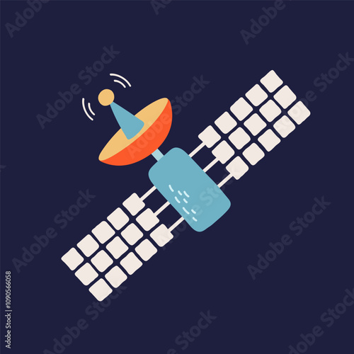 Colorful satellite with solar panels and radar dish in orbit illustration.