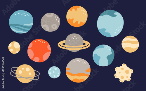 Colorful cartoon planets on a dark blue background.