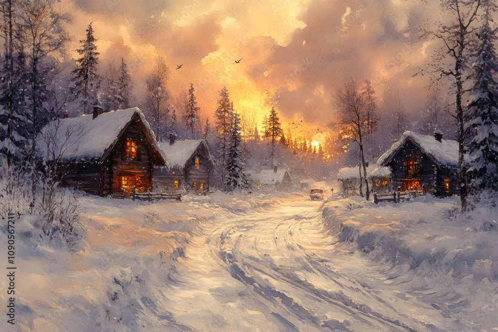Obraz premium a cozy winter village against the backdrop of sunset. Several wooden houses surrounded by snow-covered forest are illuminated by soft warm light from the windows,