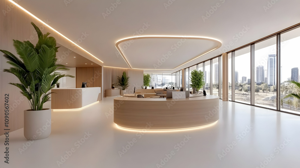 Fototapeta premium Modern office reception desk with LED lighting and plants