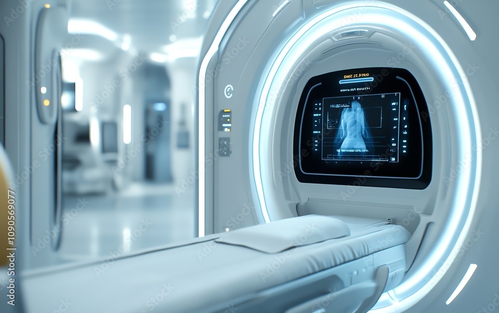 Fototapeta premium A closeup of a modern MRI machine in a sterile hospital setting, with advanced controls and a minimalistic, hightech design for accurate medical diagnostics