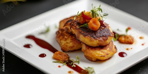 Delicious potato pancakes paired with savory stewed chicken, elegantly presented on a white plate, creating a delightful culinary experience with potato pancakes as the star. photo