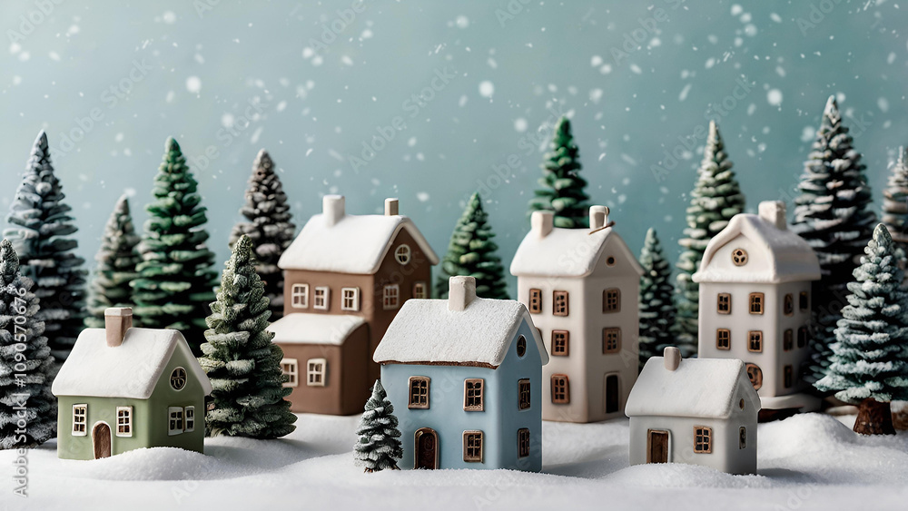 Fototapeta premium Winter. A Christmas card. Beautiful ceramic Scandinavian houses and Christmas trees. Festive mood, Christmas, New Year 2025