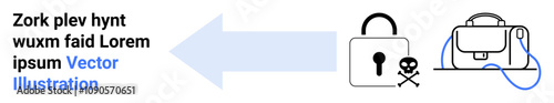 Blue arrow points leftward to padlock, skull, and briefcase, suggesting data security and hacking prevention. Ideal for cybersecurity, data protection, malware prevention, tech security blogs, IT
