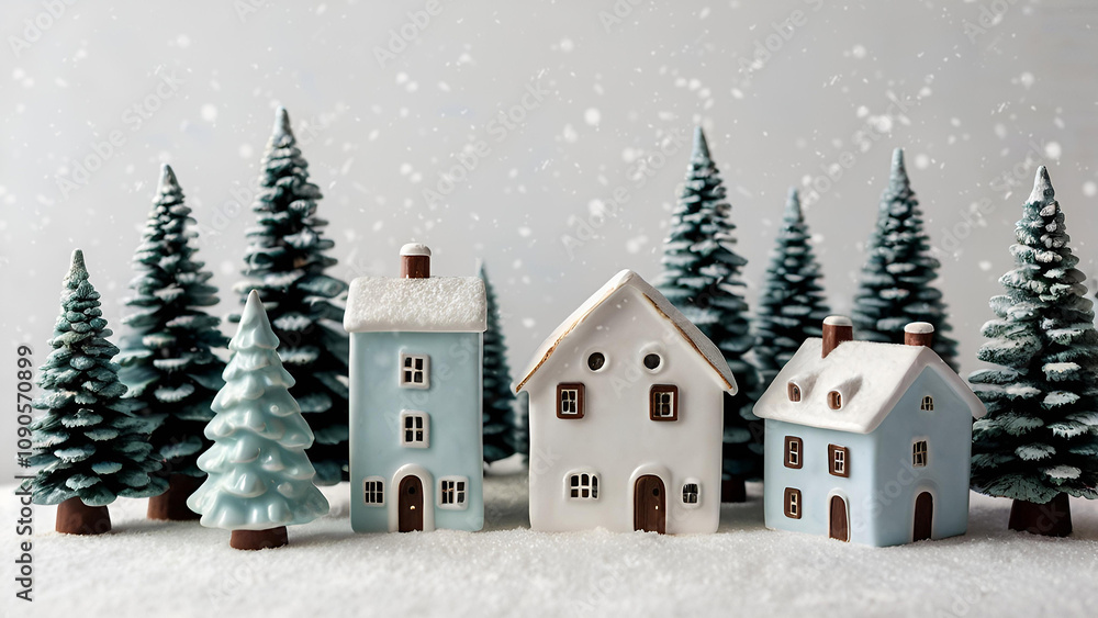 Fototapeta premium Winter. A Christmas card. Beautiful ceramic Scandinavian houses and Christmas trees. Festive mood, Christmas, New Year 2025