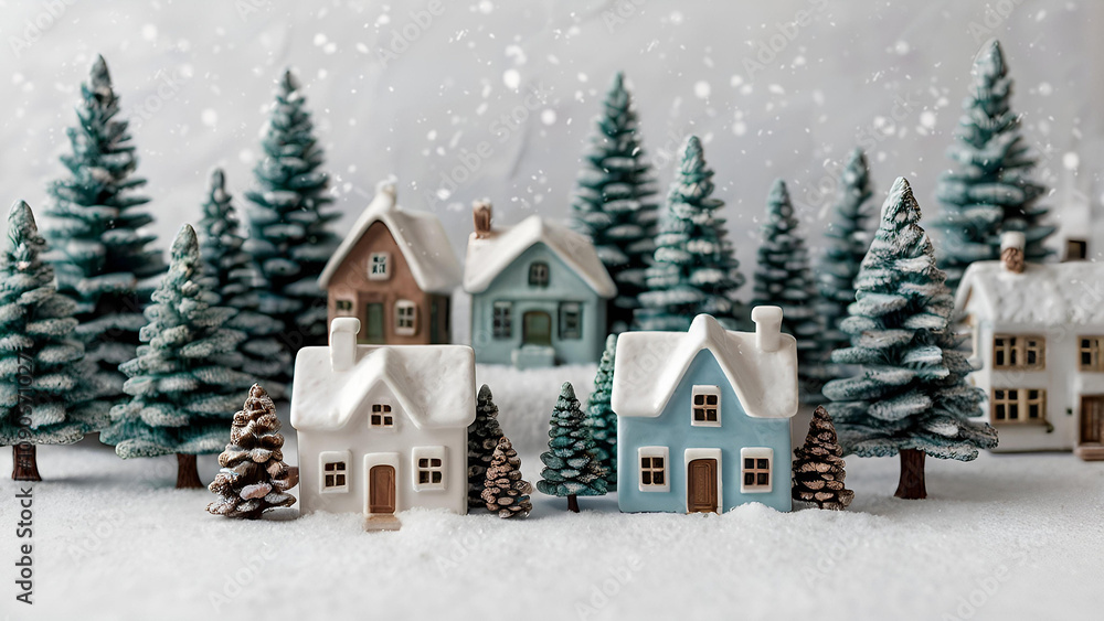 Naklejka premium Winter. A Christmas card. Beautiful ceramic Scandinavian houses and Christmas trees. Festive mood, Christmas, New Year 2025