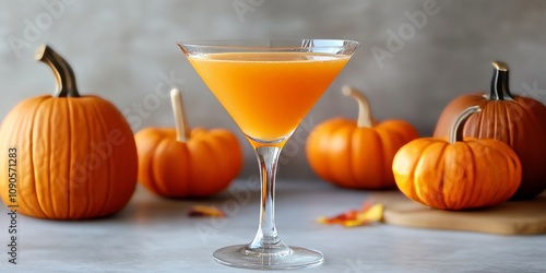 Pumpkintini. A delightful Pumpkintini cocktail, perfect for festive gatherings, combines pumpkin flavors with spice, making it an ideal homemade drink for Halloween and Thanksgiving celebrations. photo