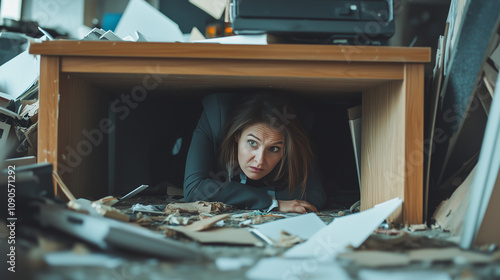 A young businesswoman hides under a table to escape the earthquake, among office debris, expressing anxiety and fear.