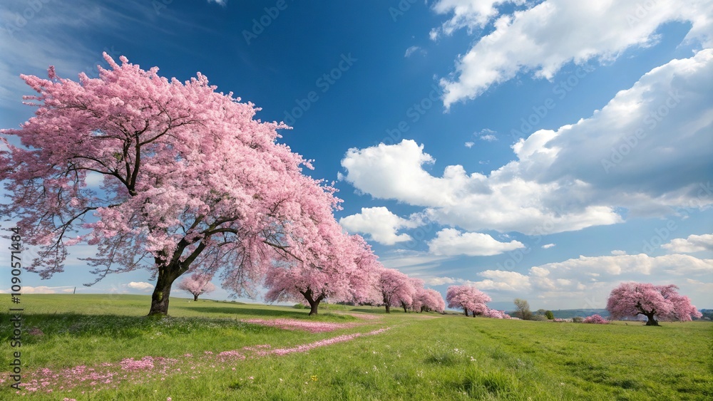 A majestic and vibrant display of large pink sakura flowers scattered throughout a grassy meadow under a clear blue sky with fluffy white clouds, springtime, meadow landscape A majestic and vibrant display of large pink sakura flowers scattered throughout a grassy meadow under a clear blue sky with fluffy white clouds, springtime, meadow landscape
