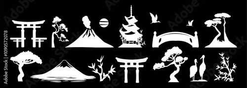 vector japanese elements collection silhouette chalk on a white background. Japanese vector set. Japan attractions vector silhouette chalk on a white background	
