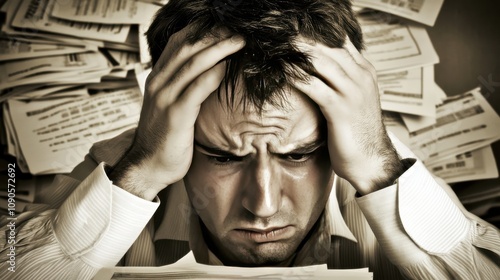 Stressed Young Man Overwhelmed by Paperwork in an Office Environment, Reflecting the Burden of Deadlines and Responsibilities in Modern Work Life