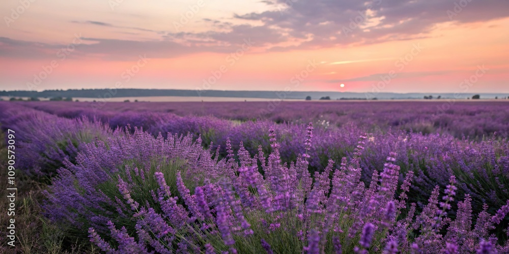 Obraz premium A sea of purple lavender flowers waving gently in the wind as the day comes to an end, natural beauty, countryside scene, peaceful atmosphere, purple lavender field, sunset colors