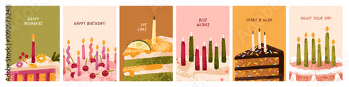 Happy Birthday, greeting card designs set. Sweet holiday cake pieces with fes...