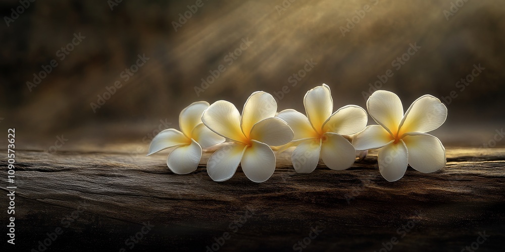 Fototapeta premium Frangipani flowers gently rest on aged wood, illuminated by soft evening tones, creating a serene atmosphere that showcases the beauty of frangipani flowers in a tranquil setting.