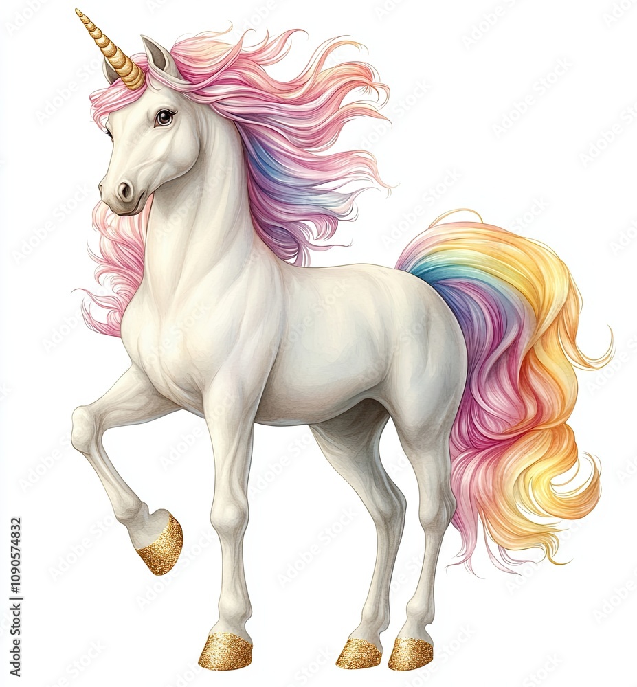 Naklejka premium Magical unicorn with rainbow mane, Illustration of a majestic white unicorn with a vibrant rainbow mane, golden hooves, and a shimmering horn, symbolizing fantasy and magic.