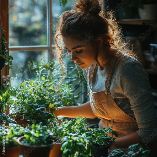 Woman with Plants in Sunlight
