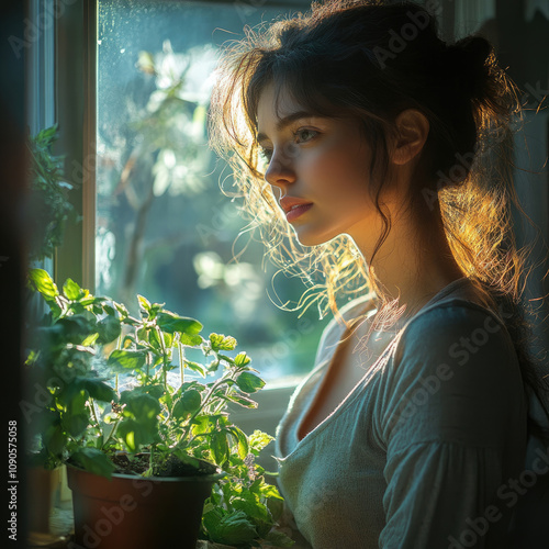 Woman tending to plants by a window