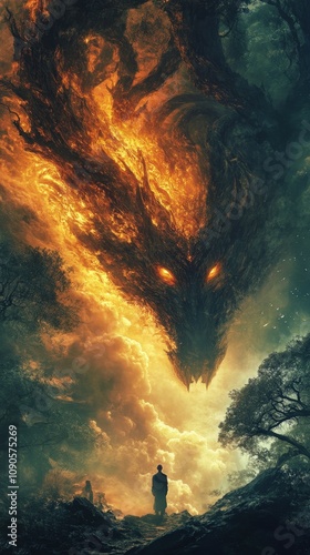 A mystical scene depicting a towering dragon looming over a lone figure, surrounded by swirling flames and dark forest. Fantasy art.