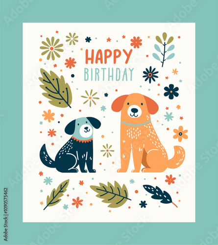 Vector Happy Birthday Card with Cute Dogs and Floral Elements