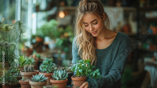 Young Woman Gardener Tending Plants