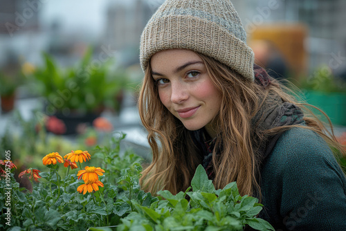 Young Woman Tending to Potted Marigolds on a Rooftop Garden