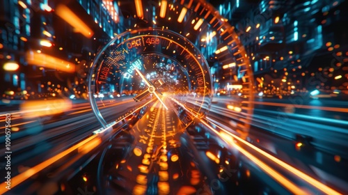 Futuristic speedometer in a speeding digital tunnel. photo