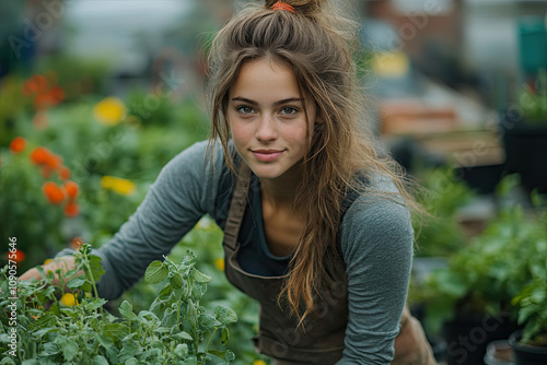 Young Woman Tending to Herbs in a Greenhouse
