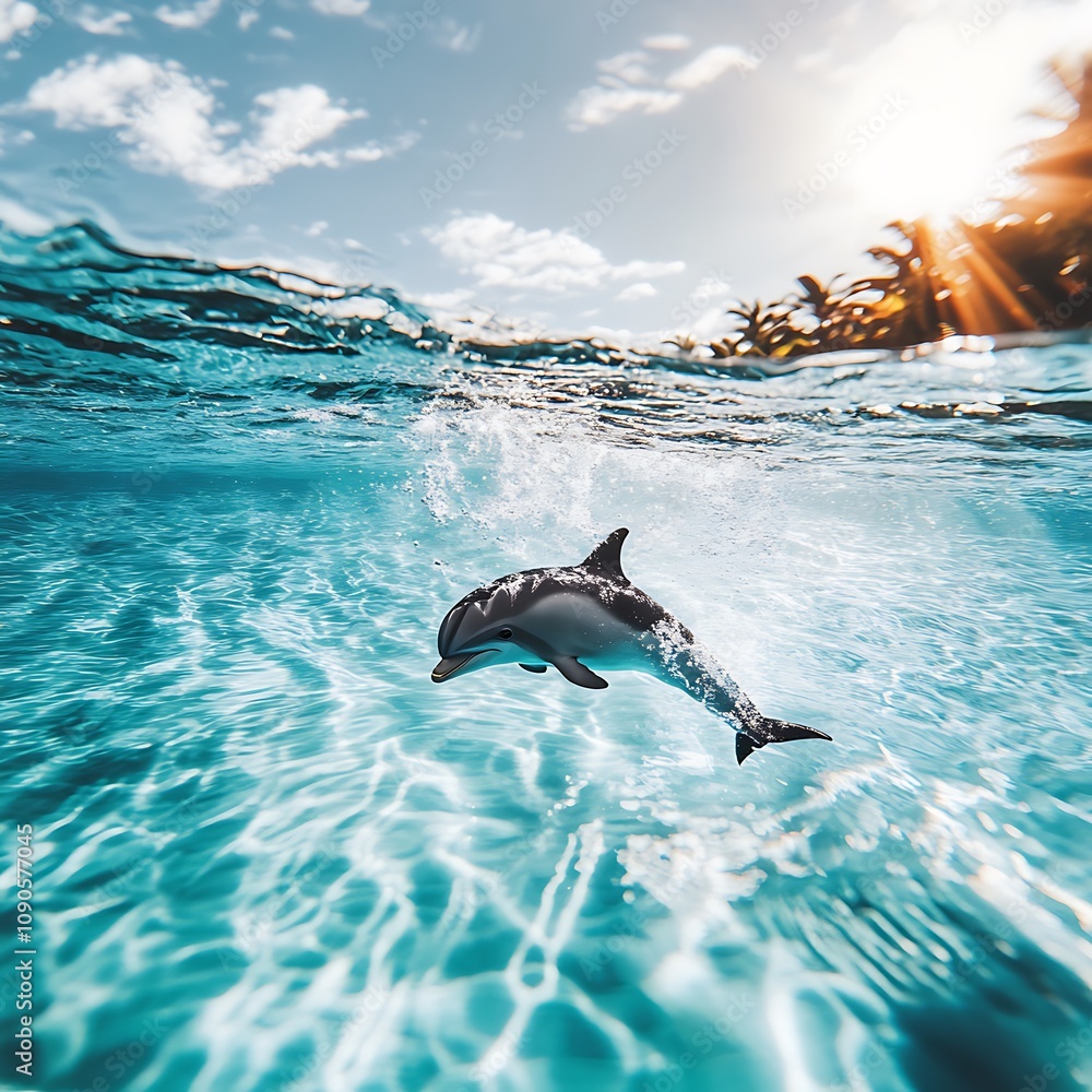 Obraz premium Dolphin leaping from turquoise ocean water, sunlight shining.