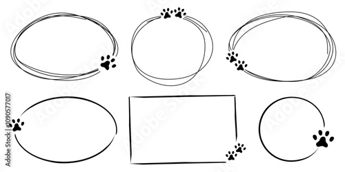 Line frame with cute pet foot print stamp, pawprint decoration. Cat or dog paw doodle border. Hand drawn sketch.