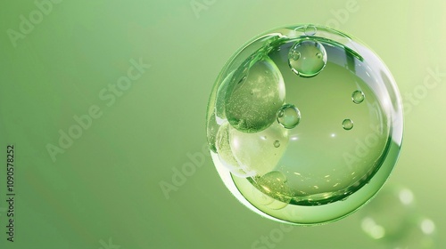 Green oil bubble with photorealistic details and a glossy finish on background soft gradient of light green tones