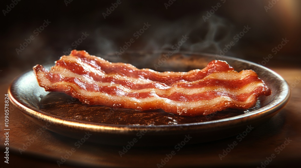 Crispy Bacon Strip on a Rustic Wooden Plate with Steaming Effect, Ideal for Food Imagery, Culinary Art, and Breakfast Themes in Stock Photography Crispy Bacon Strip on a Rustic Wooden Plate with Steaming Effect, Ideal for Food Imagery, Culinary Art, and Breakfast Themes in Stock Photography