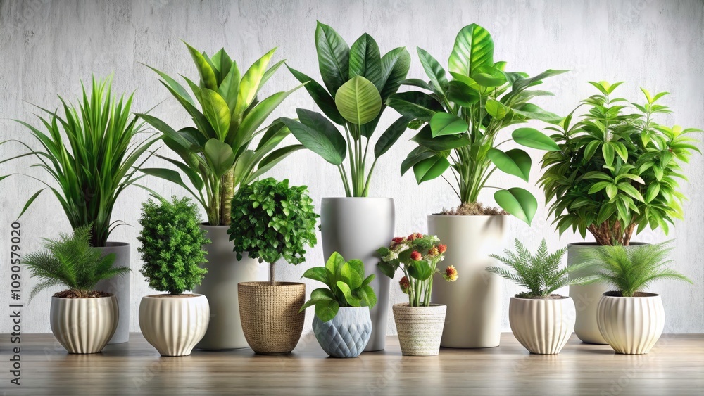 Obraz premium Stylish Potted Plants in Fashionable Arrangement on Transparent Background for Modern Home Decor and Interior Design Inspiration
