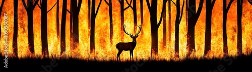 A forest on fire with a deer standing motionless, symbolizing nature s fragility and resilience photo