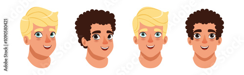 Man Smiling Face Head with Different Hairstyle Vector Set