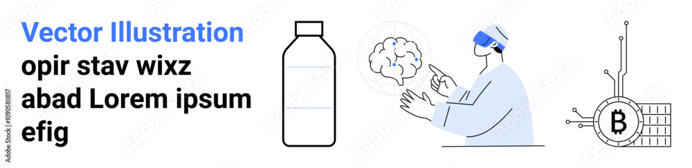 Scientist wearing VR headset, pointing at neural brain illustration, next to medicine bottle and blockchain bitcoin symbol. Ideal for tech innovation, medical research, VR, AI, blockchain Scientist wearing VR headset, pointing at neural brain illustration, next to medicine bottle and blockchain bitcoin symbol. Ideal for tech innovation, medical research, VR, AI, blockchain