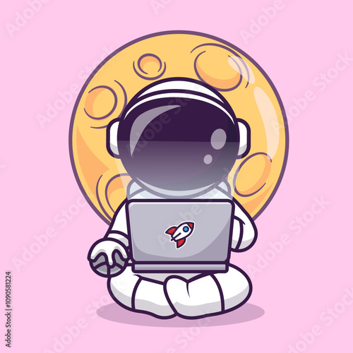 Cute Astronaut Working On Laptop On Moon Cartoon Vector 
Icon Illustration. Science Technology Icon Concept Isolated 
Premium Vector. Flat Cartoon Style 