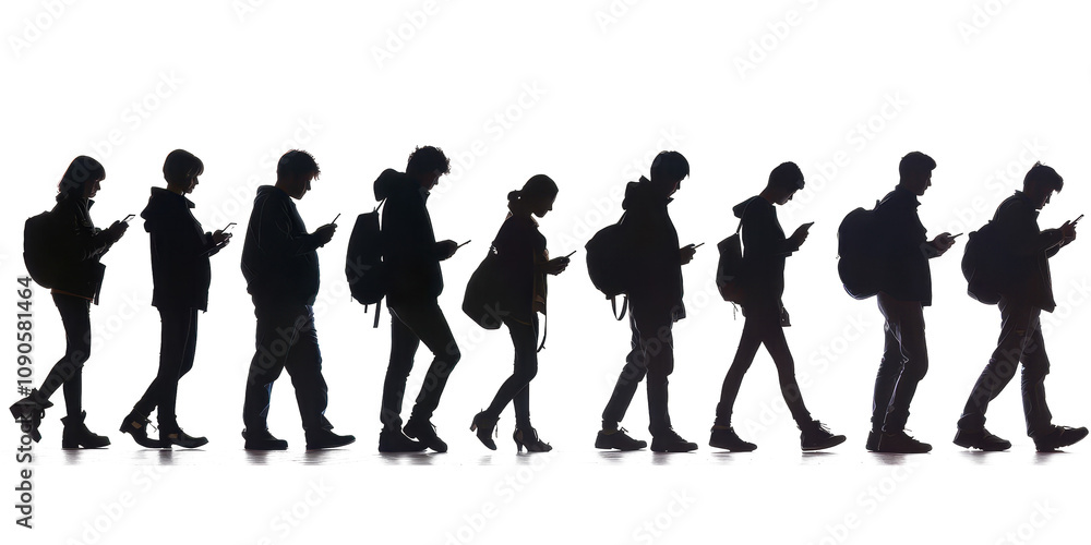 Obraz premium Silhouettes of People Walking and Using Their Phones in the City