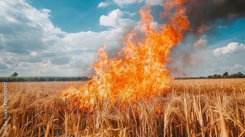 Dried paddy field on fire. photo