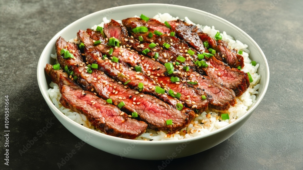 Succulent Grilled Steak Slices Served Over Fluffy Rice in a Bowl, Garnished with Chopped Green Onions and Sesame Seeds, Perfect for Culinary Enthusiasts and Food Lovers Succulent Grilled Steak Slices Served Over Fluffy Rice in a Bowl, Garnished with Chopped Green Onions and Sesame Seeds, Perfect for Culinary Enthusiasts and Food Lovers