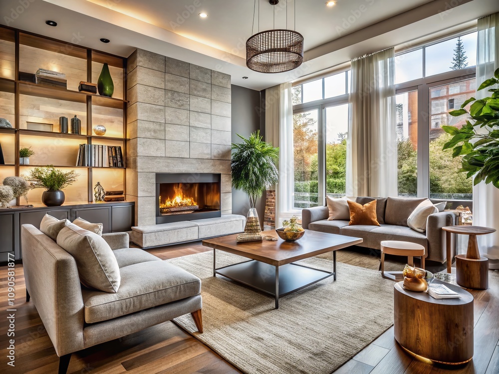 Fototapeta premium Serene Modern Living Space with Cozy Fireplace and Elegant Furniture Bathed in Natural Light, Showcasing a Welcoming Atmosphere with Warm Tones and Stylish Decor