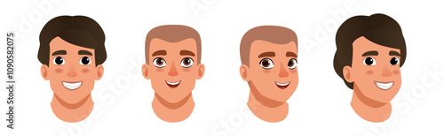 Man Smiling Face Head with Different Hairstyle Vector Set