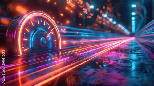 Futuristic speedometer on neon highway, representing high-speed data transfer.